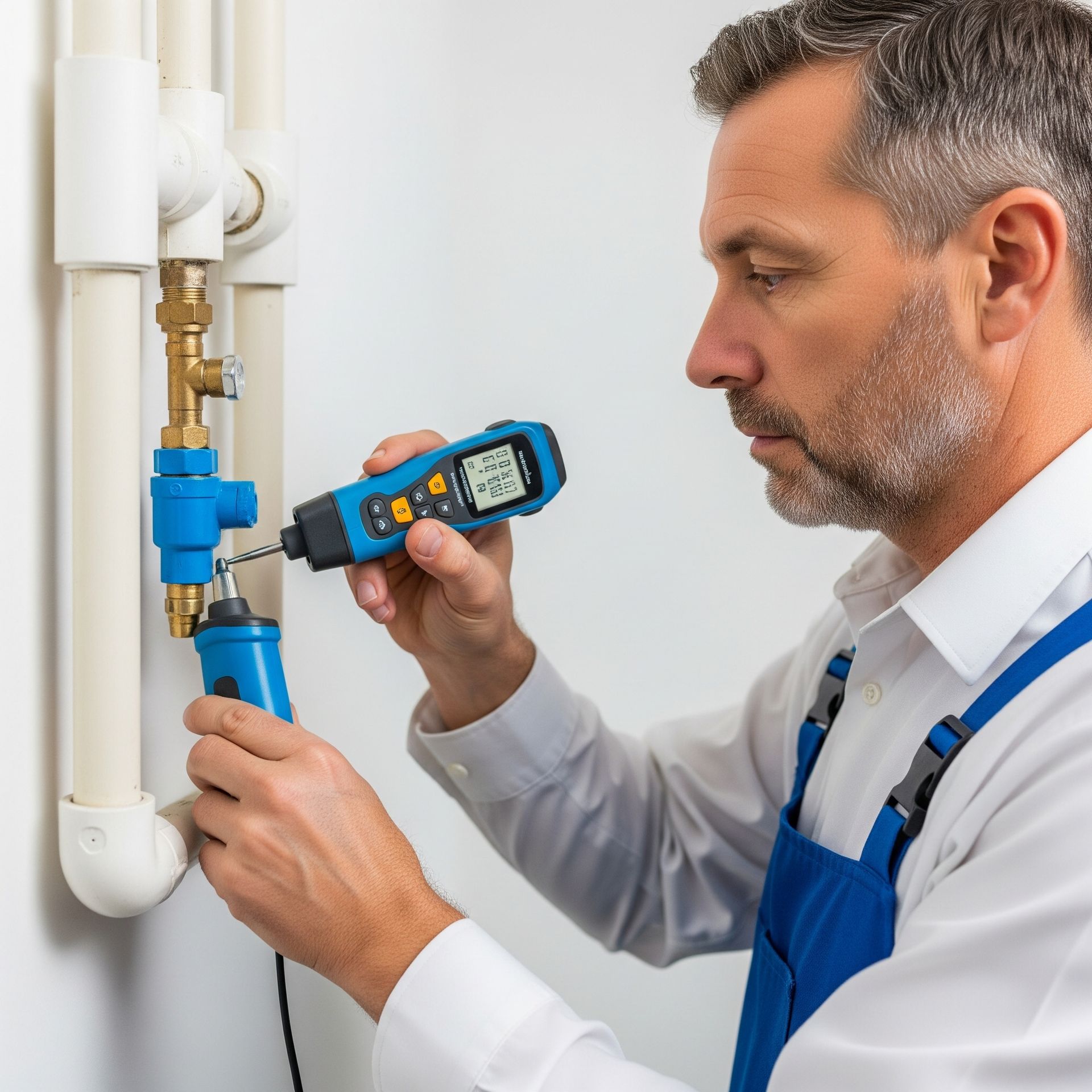 A man in a blue apron is working on a pipe