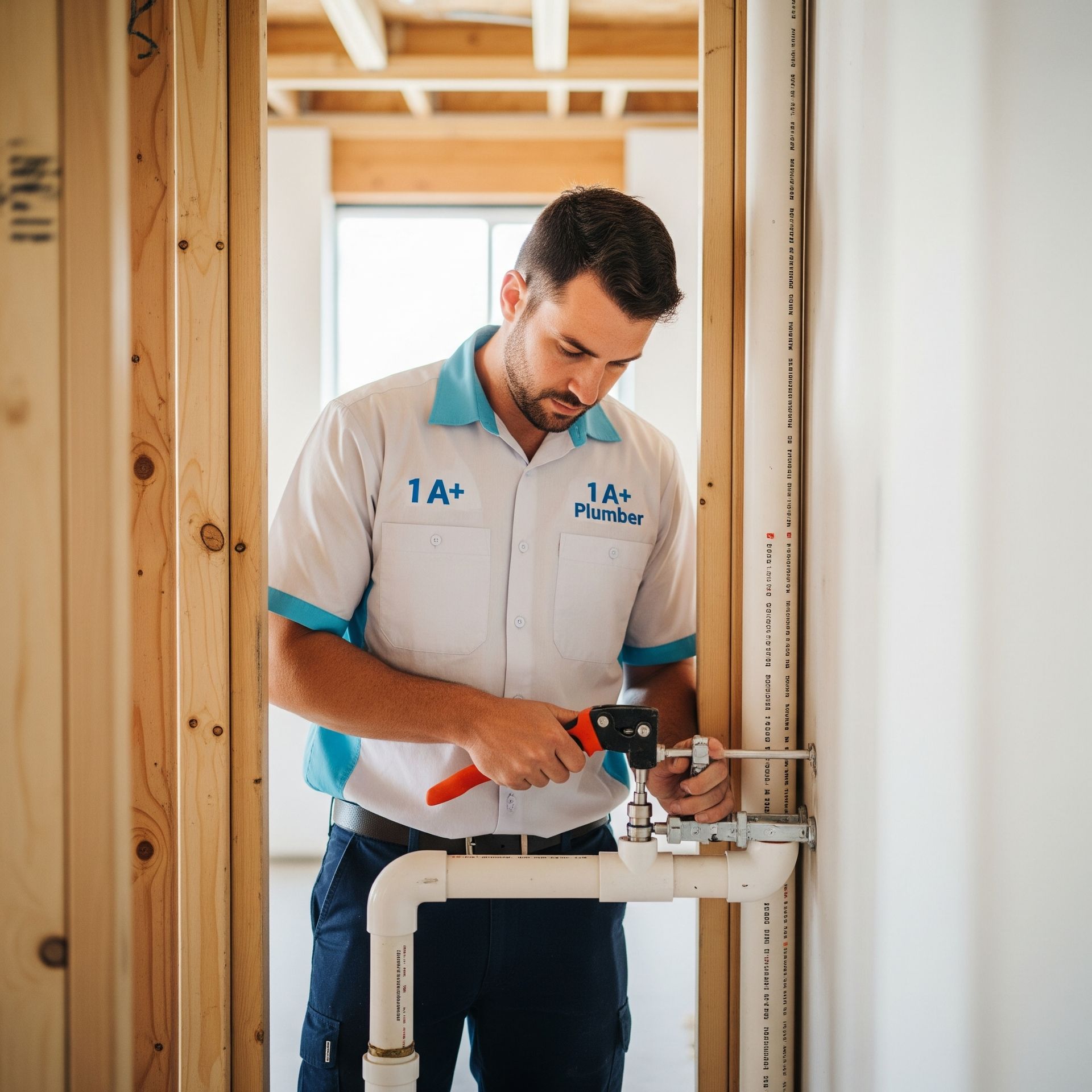 A man wearing a white shirt with 1a on it is working on a pipe