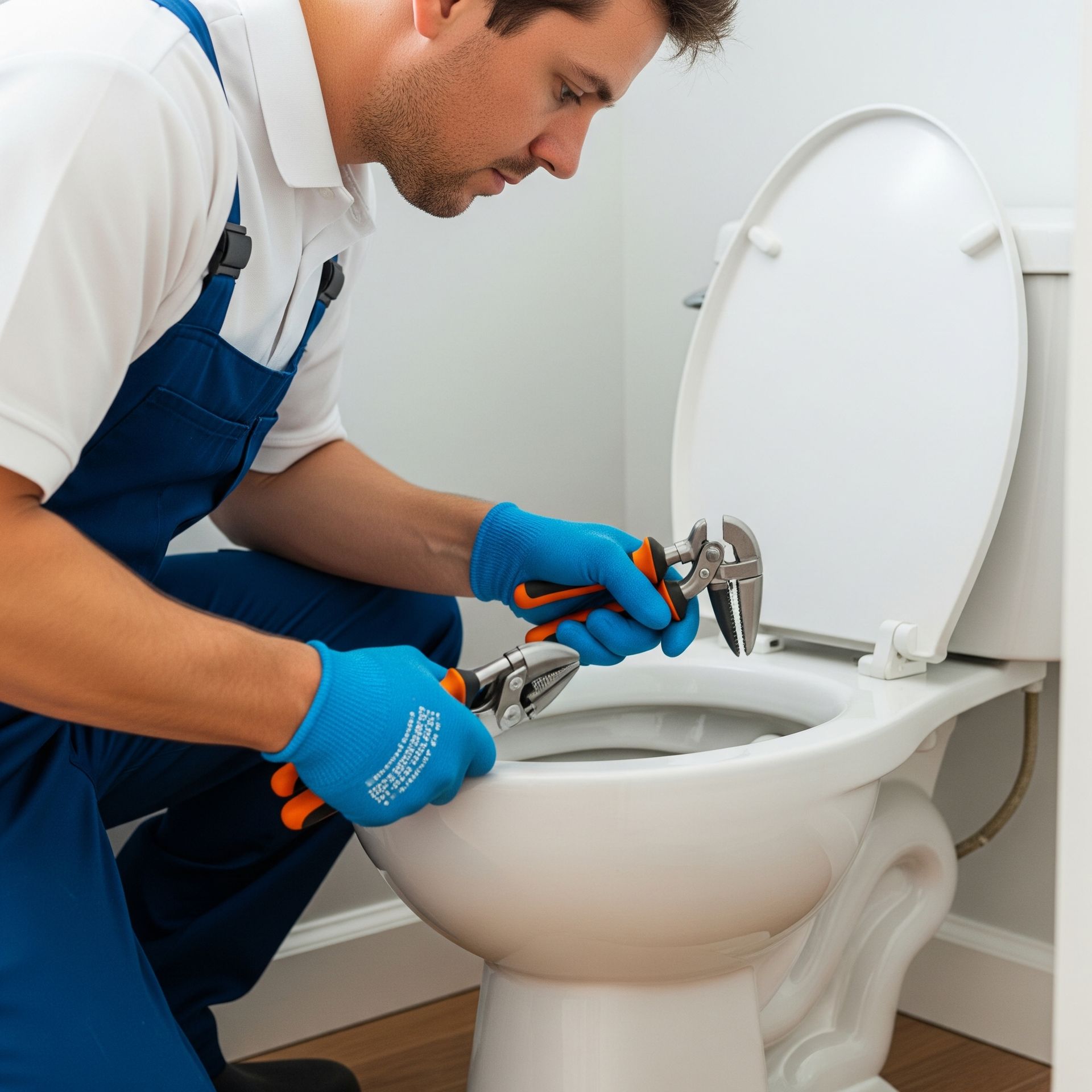 A man is fixing a toilet with a pair of pliers