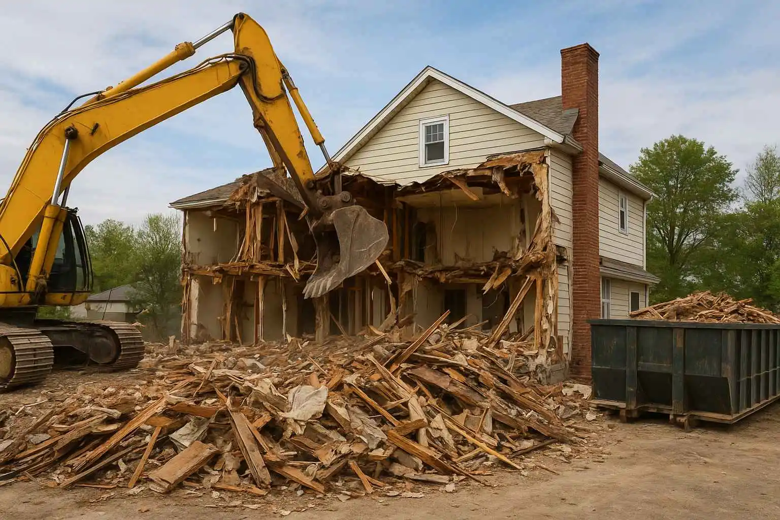 Yellow excavator demolishing a two-story house, debris scattered, blue sky background.