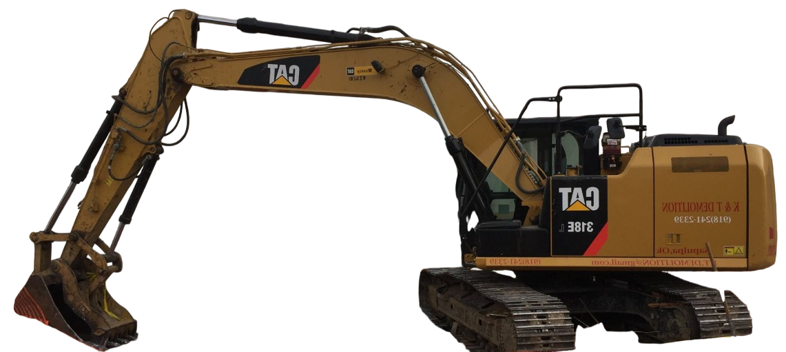 A yellow Caterpillar excavator on a white background, arm extended.