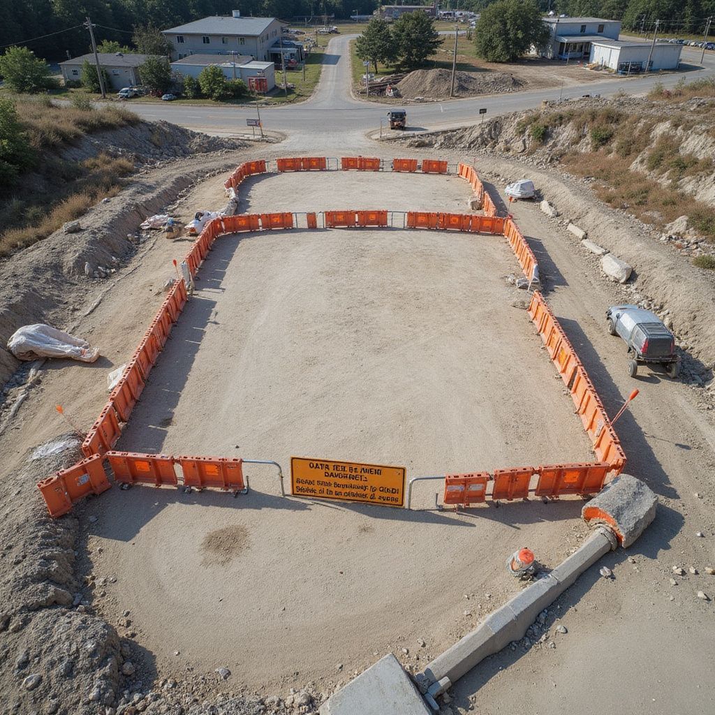 Construction zone with orange barriers and a sign in a dirt area, with buildings in the background.