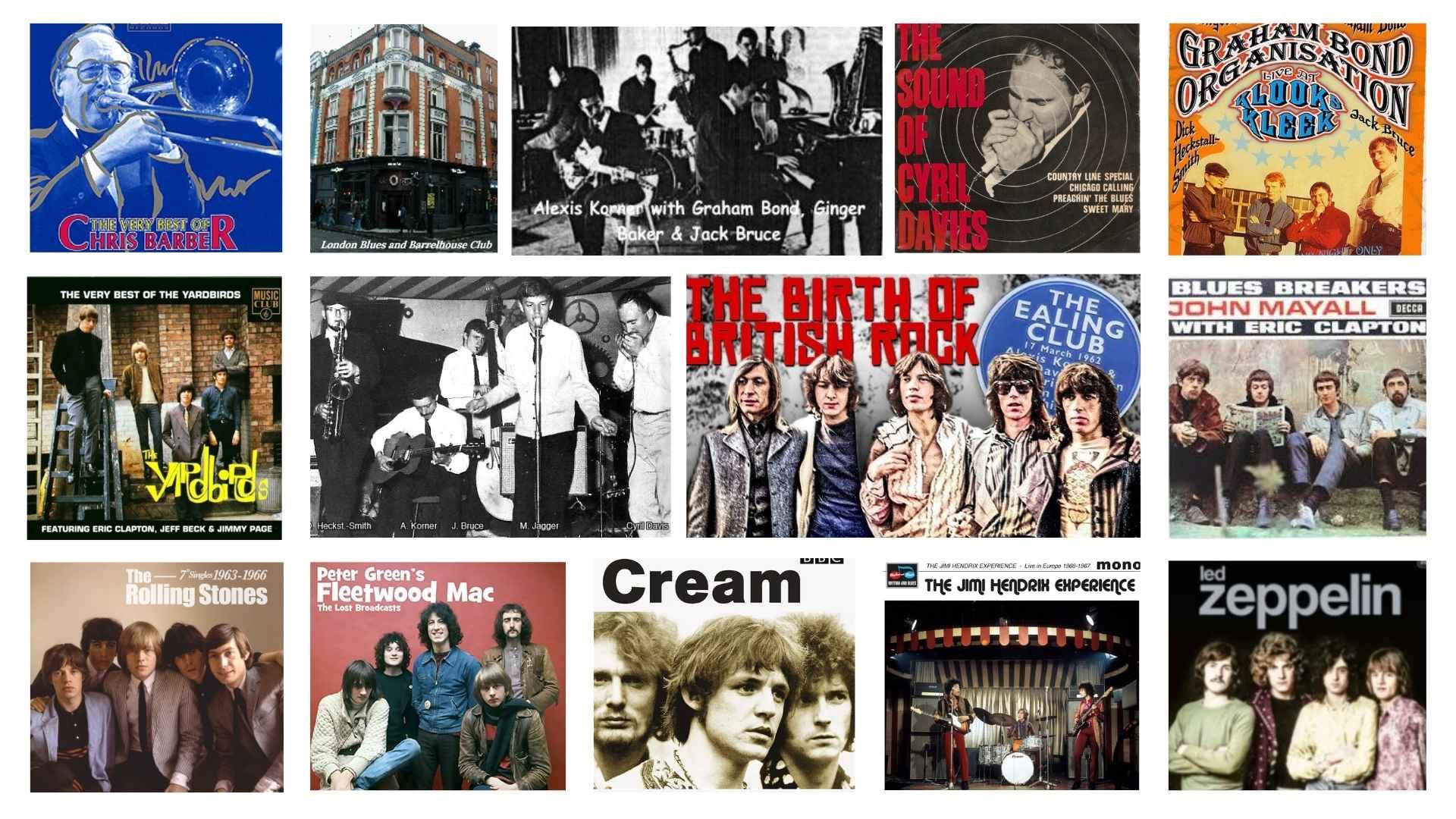 Mosaico de fotos de músicos emblemáticos da revolução musical britânica dos anos 1960 Mosaico de fotos de músicos emblemáticos da revolução musical britânica dos anos 1960