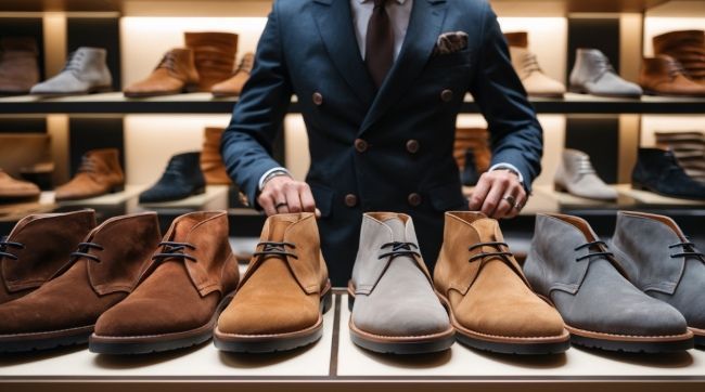 Coleção sofisticada de Desert Boots exposta na vitrine de uma boutique de luxo.