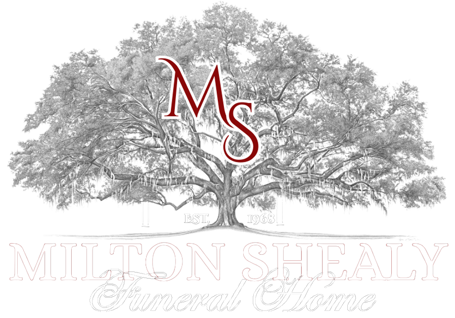 Logo for Milton Shealy Funeral Home with dark red 