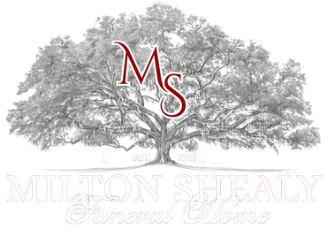 Logo for Milton Shealy Funeral Home with dark red 