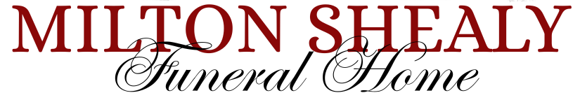 The logo for Milton Shealy Funeral Home, featuring the company name in red serif text with black cursive script below.