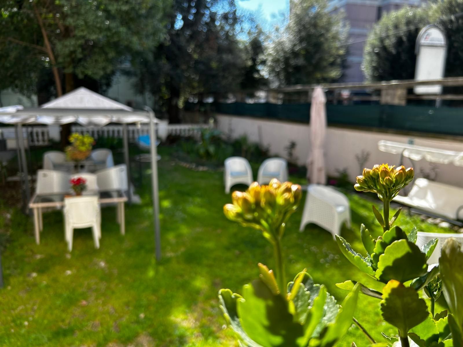 Un giardino con gazebo, sedie, tavoli e fiori.