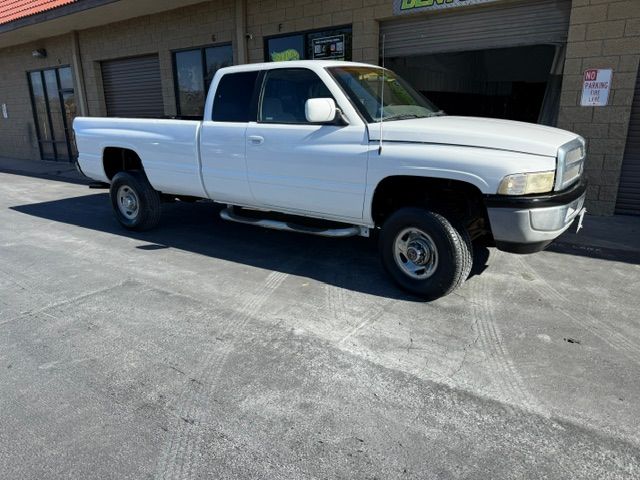 White Dodge Ram pickup truck parked outside a building.