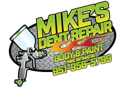 Logo for Mike's Dent Repair: green and yellow text on a gray oval, a flame design, and a spray gun. Includes a phone number.