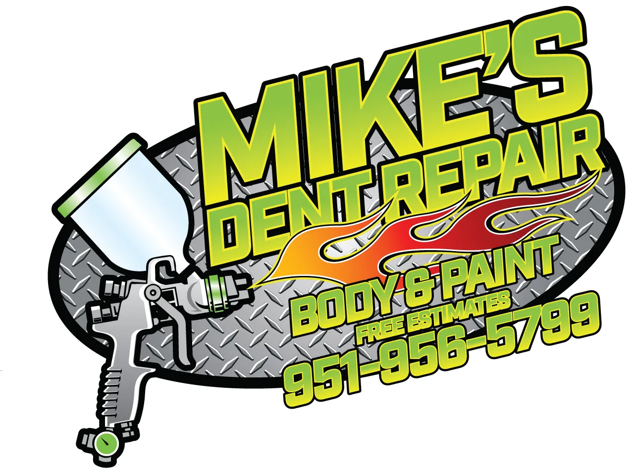 Logo for Mike's Dent Repair: green and yellow text on a gray oval, a flame design, and a spray gun. Includes a phone number.