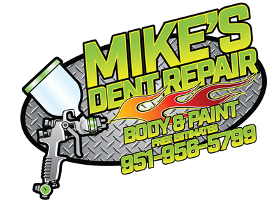 Logo for Mike's Dent Repair: green and yellow text on a gray oval, a flame design, and a spray gun. Includes a phone number.