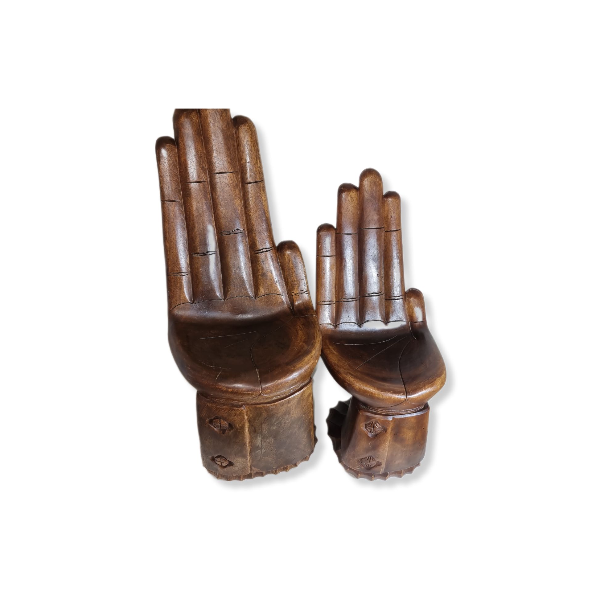 Looking for some thing different to finish off your room? These wonderful hand carved chairs may just fit the bill. These great decorators pieces have been skillfully carved from single pieces of wood and are certain to be conversation starters. They are in very good used condition with slight signs of age and use. Please pay attention to the measurements below: Chair 1: 78 high with 33cm seat diameter and seat height of 32cm. Chair 2: 64cm high with 27cm seat diameter and seat height of 27cm.