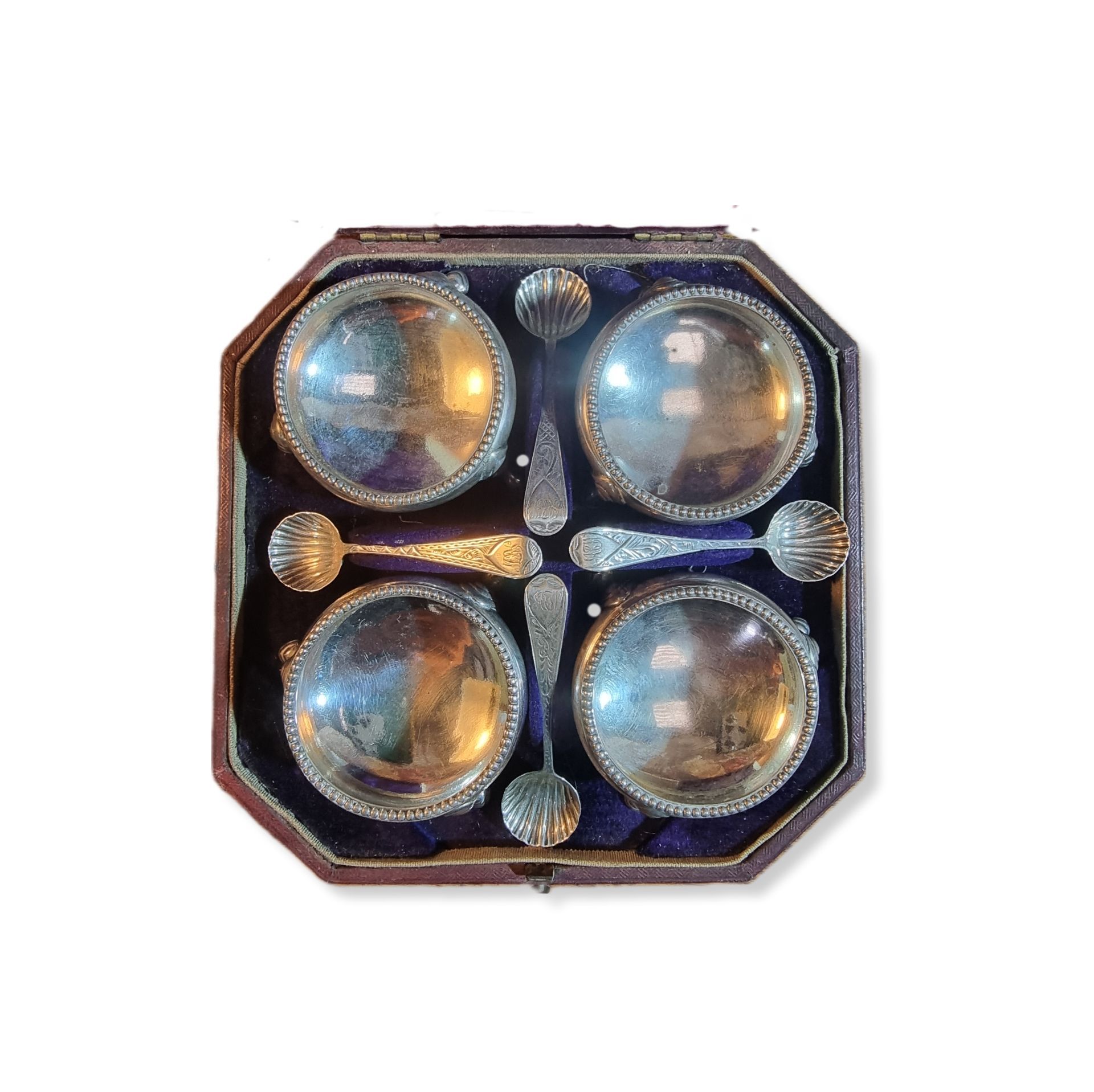 antique victorian boxed set of 4 salts & spoons