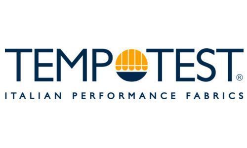 Logo dei tessuti tecnici italiani Tempotest. Testo blu navy con disegno circolare in giallo e blu navy.