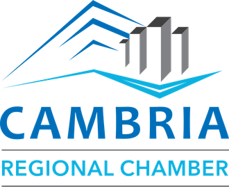 The logo for the cambria regional chamber is blue and white