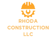 A logo for rhoda construction llc with a hard hat and gear