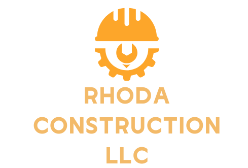 A logo for rhoda construction llc with a hard hat and gear
