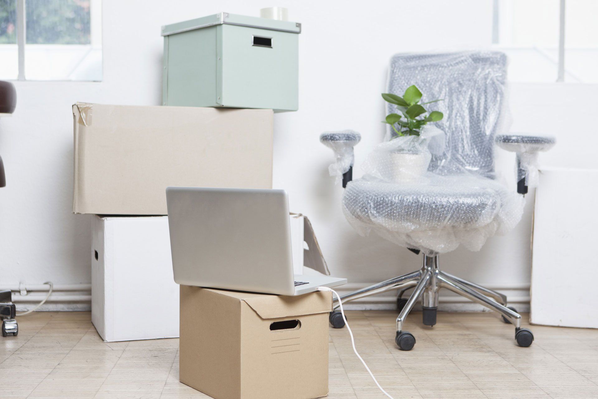 packaging boxes and chairs