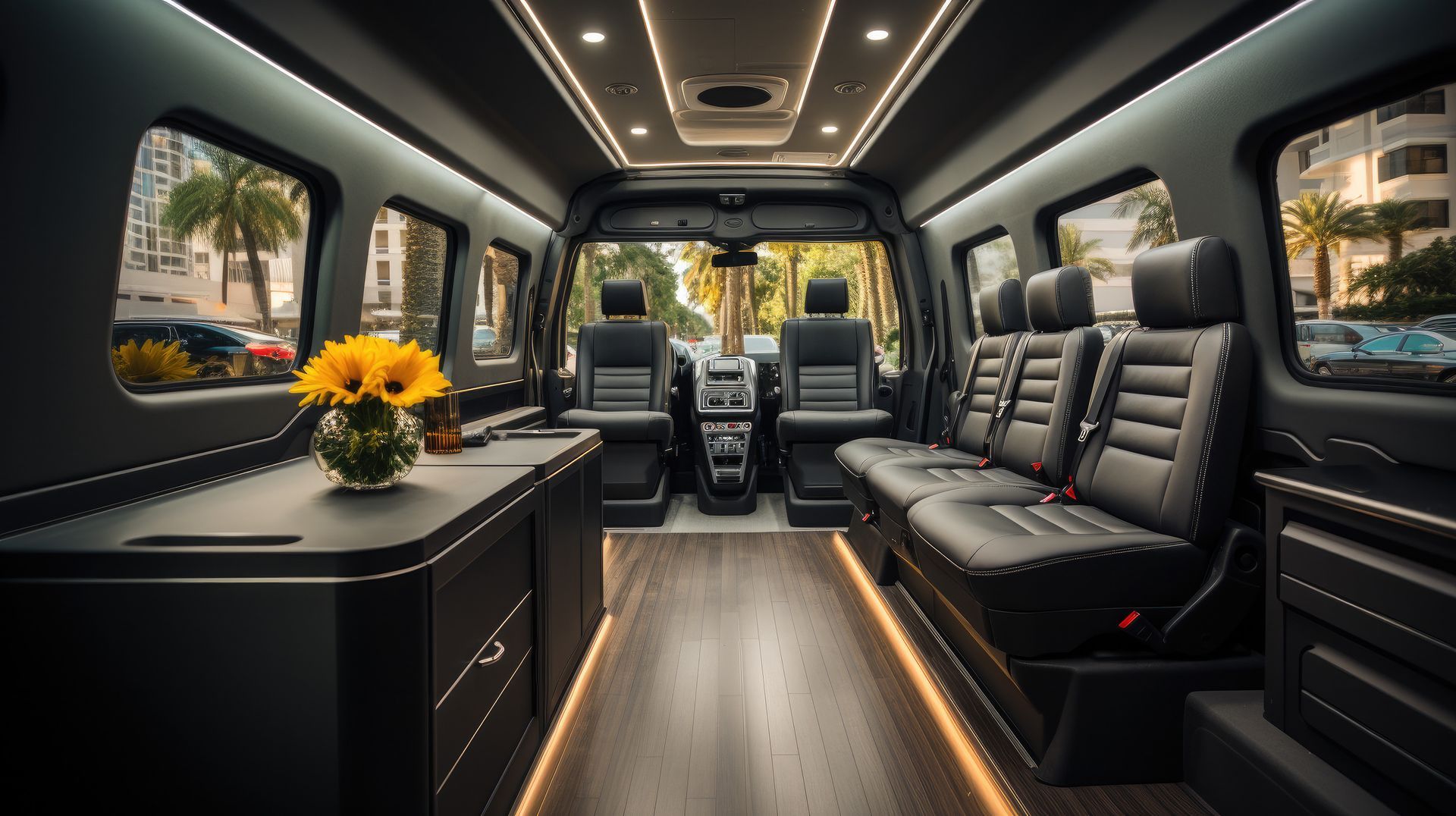 The inside of a van with a table and chairs and a vase of sunflowers.