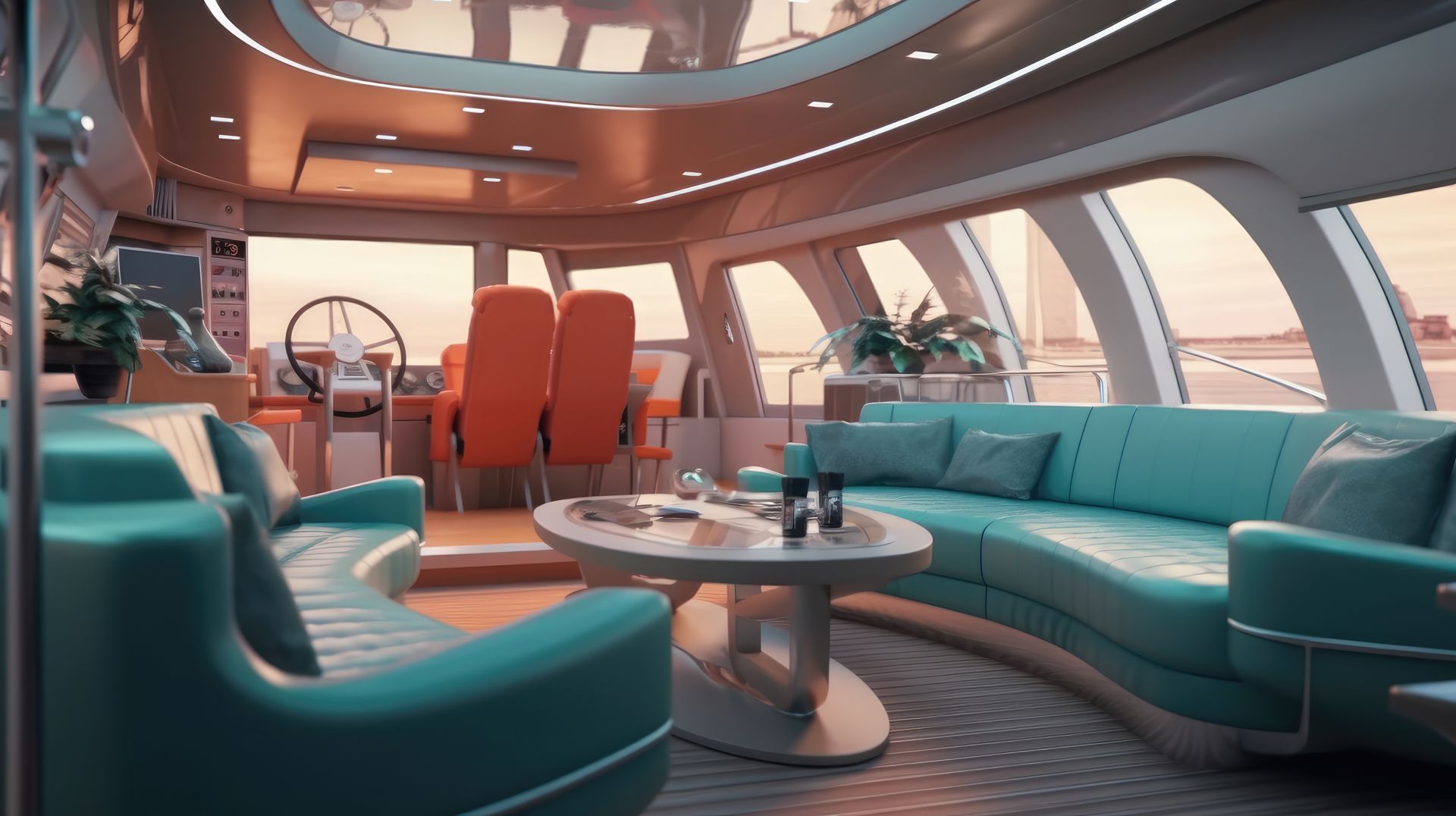 A living room on a boat with a couch , chairs and a table.
