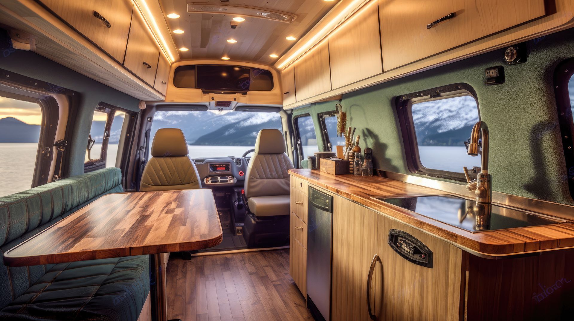The inside of a van with a table and a sink.
