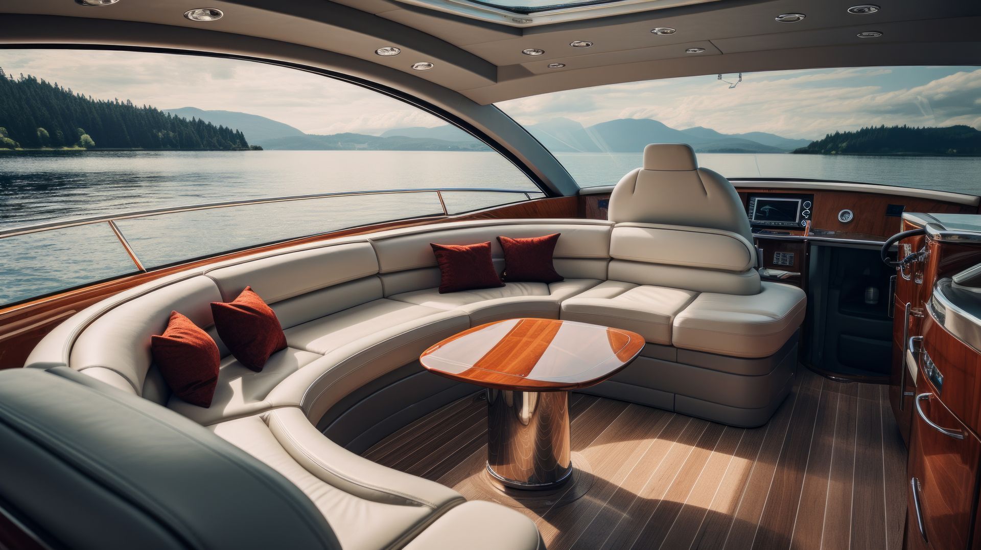 The inside of a yacht with a round couch and a table.