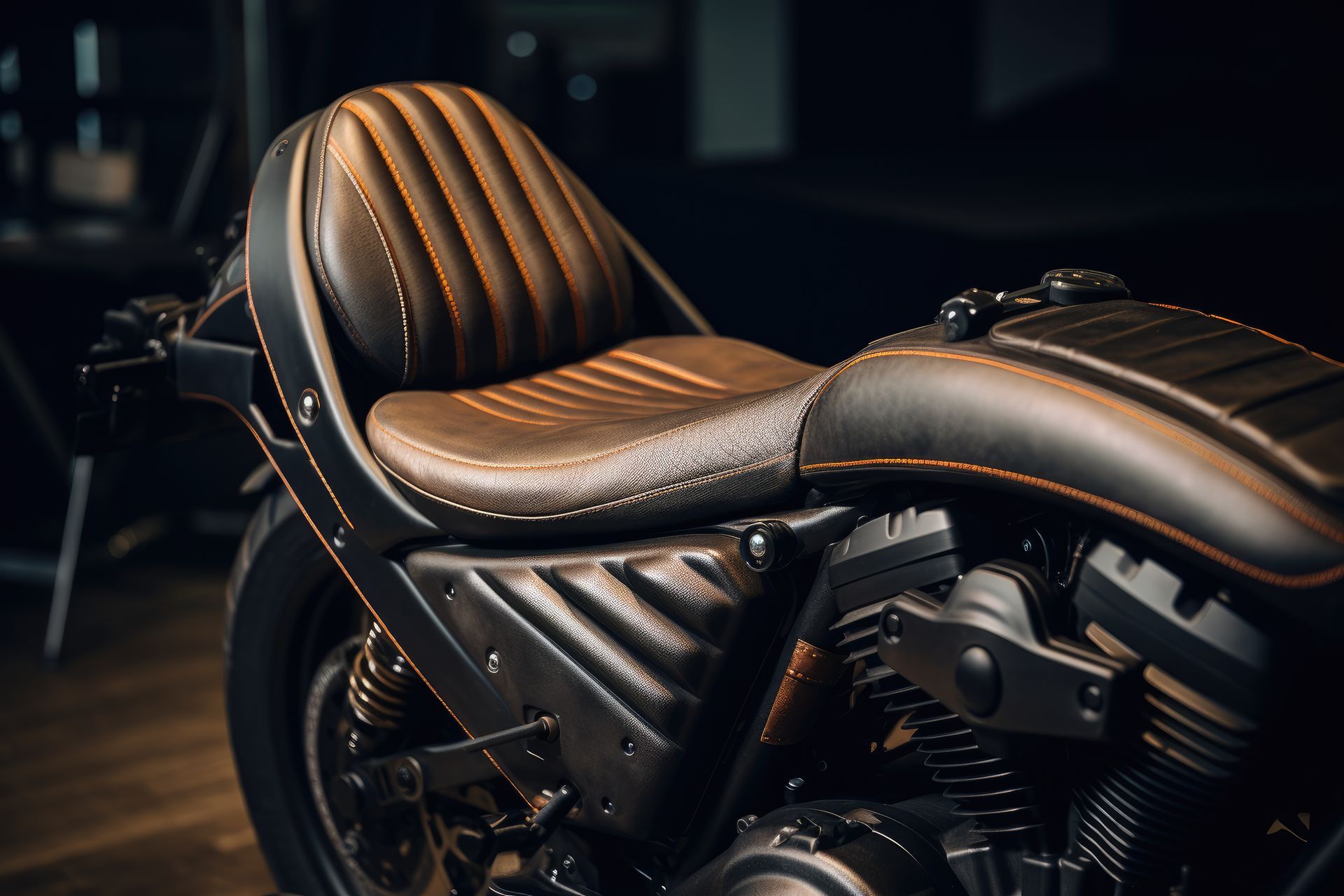 A close up of a brown leather seat on a motorcycle.