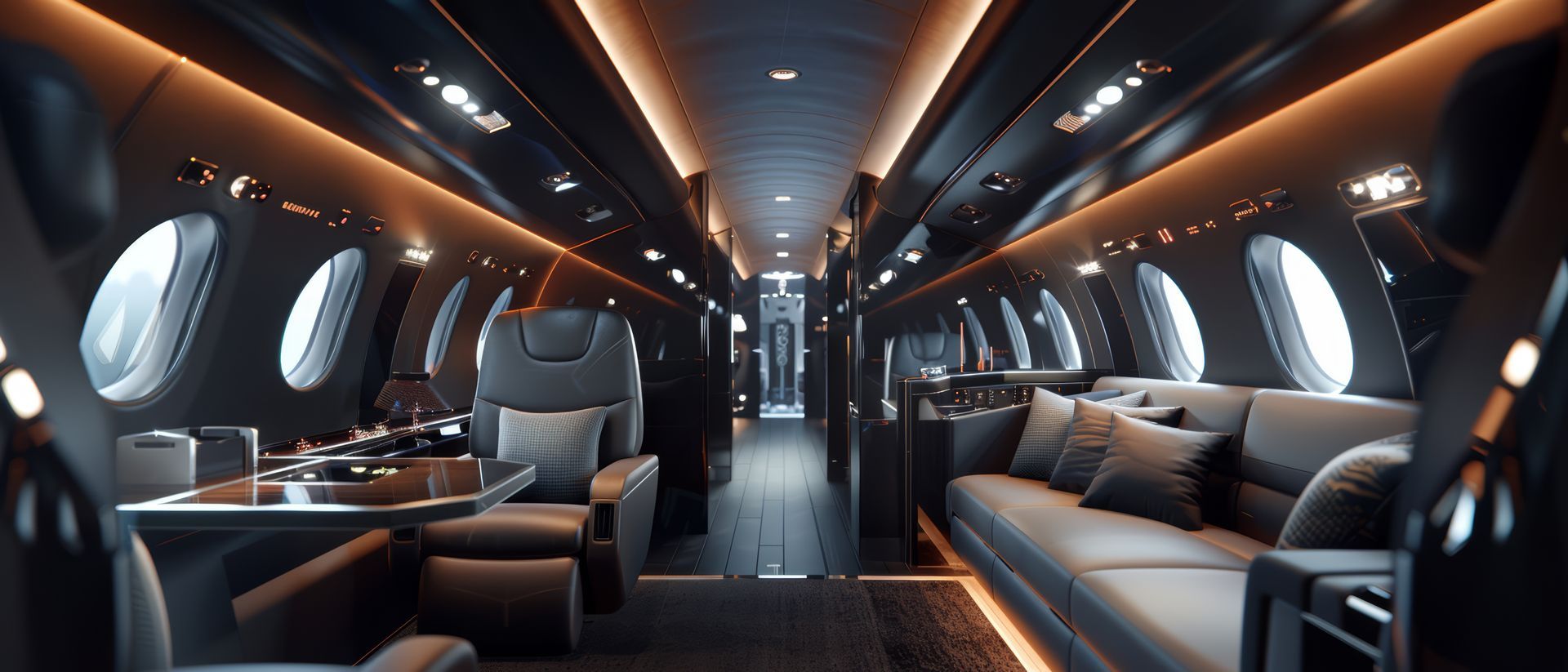 The inside of a private jet with a couch , table and chairs.
