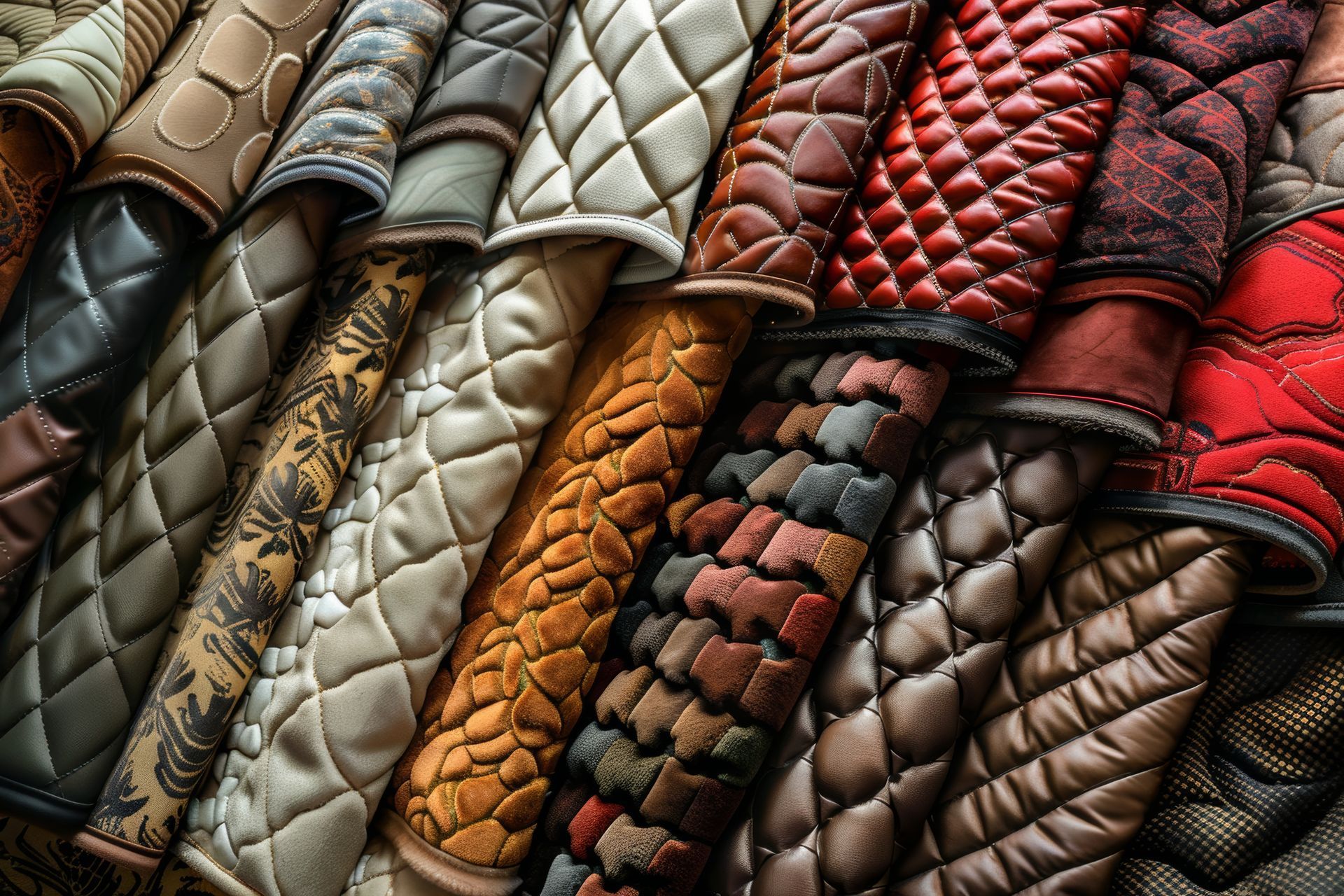 A bunch of different colored quilted fabrics are stacked on top of each other.