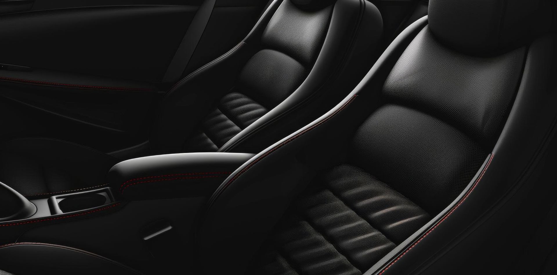 A pair of black leather seats in a car.