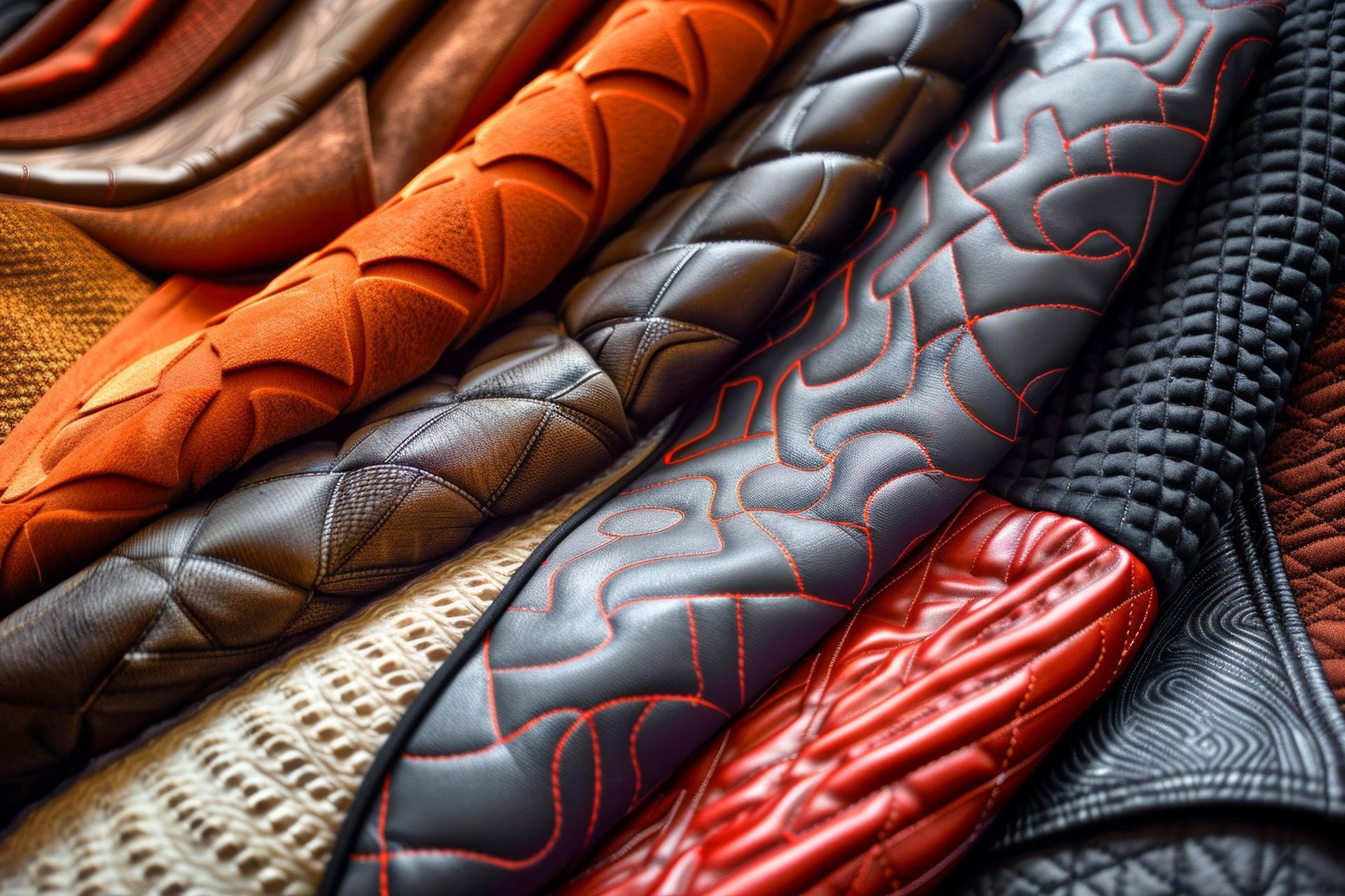 A bunch of different types of leather are stacked on top of each other.