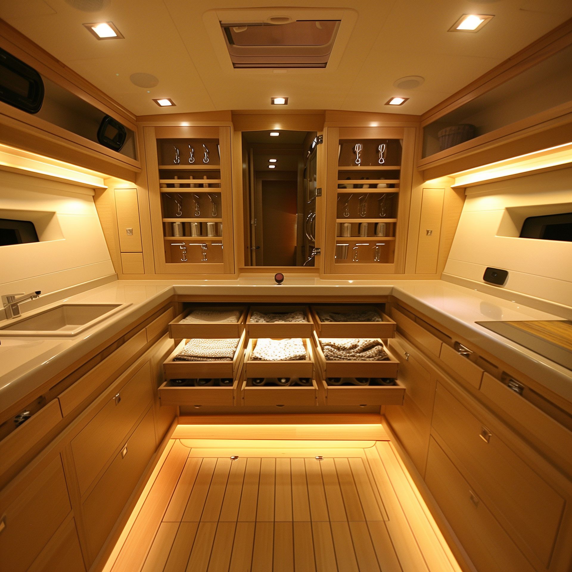 A kitchen with lots of drawers and a sink