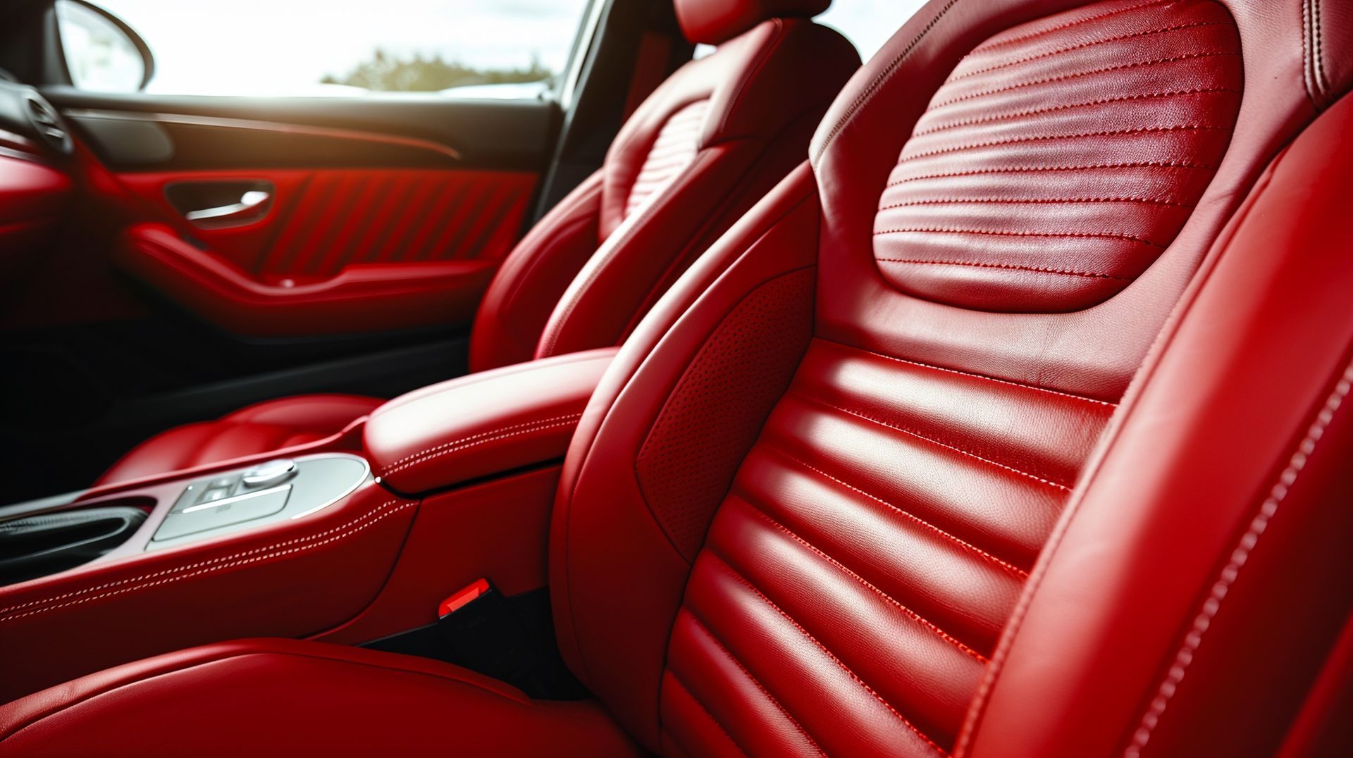 The interior of a car with red leather seats.