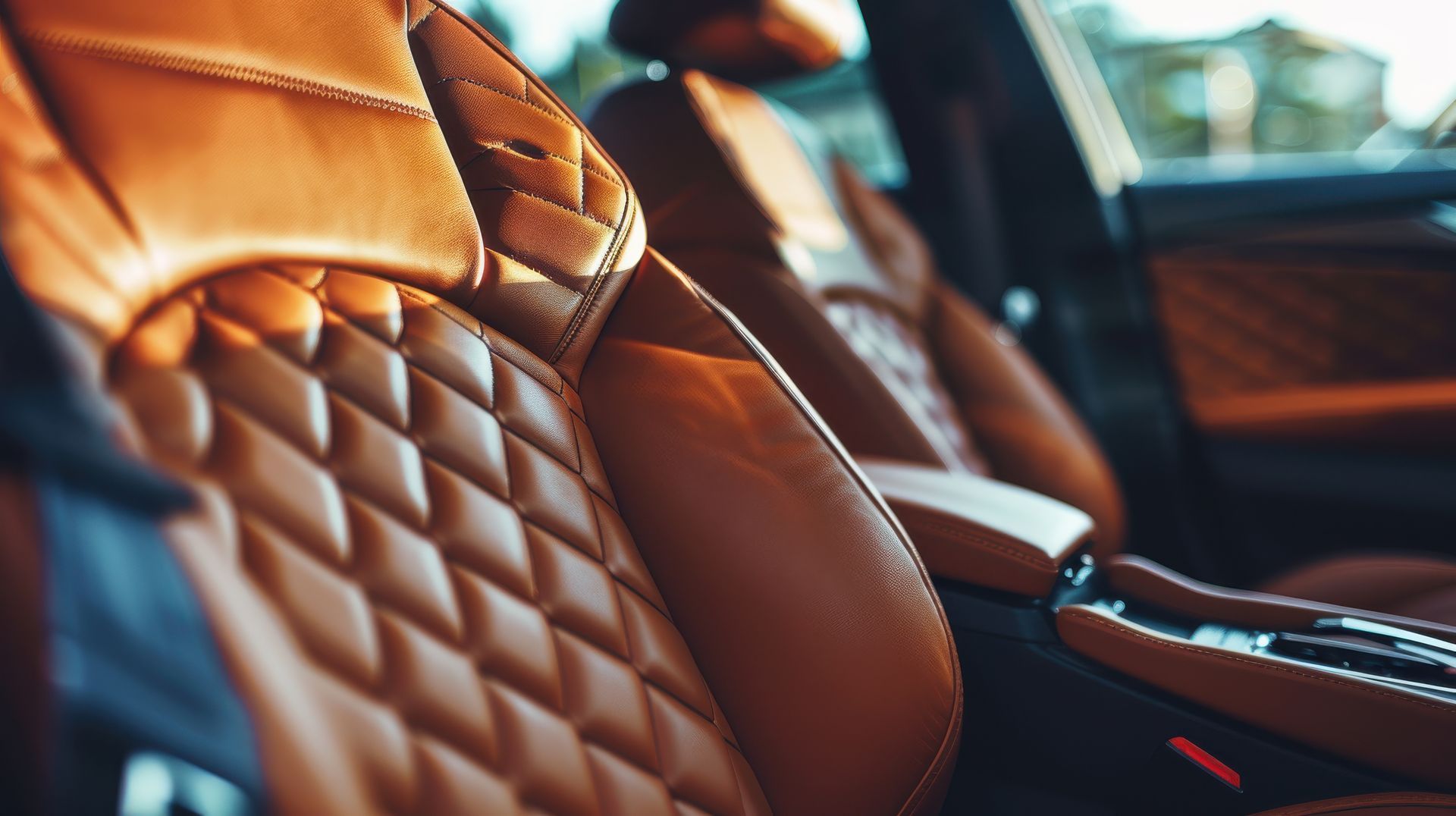 A close up of the interior of a car with brown leather seats.