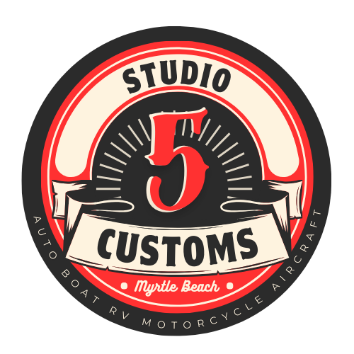 A logo for studio 5 customs in myrtle beach