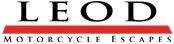 LEOD Motorcycle Escapes logo with black text and a red stripe