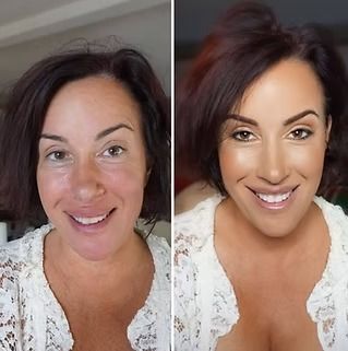 A before and after photo of a woman with and without makeup
