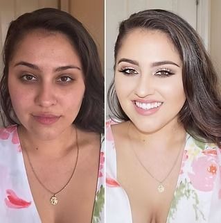 A before and after photo of a woman wearing makeup and a necklace