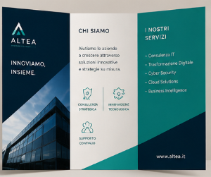 Brochure aziendale a tre ante in verde acqua e blu navy per ALTEA, con sezioni dedicate ai servizi e 