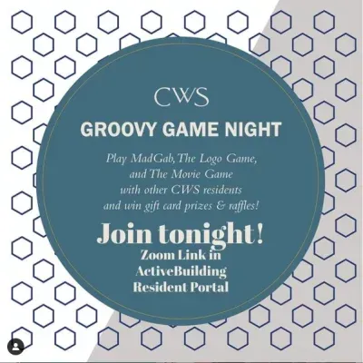 an advertisement for a groovy game night with a zoom link