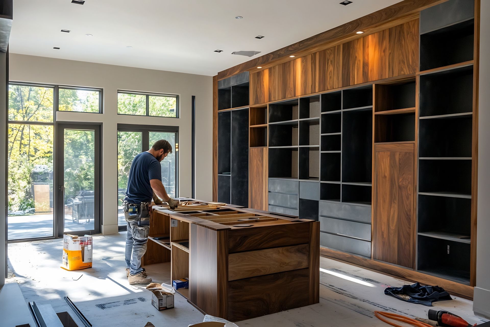 Man builds wood cabinets in a room with windows and an unfinished floor.