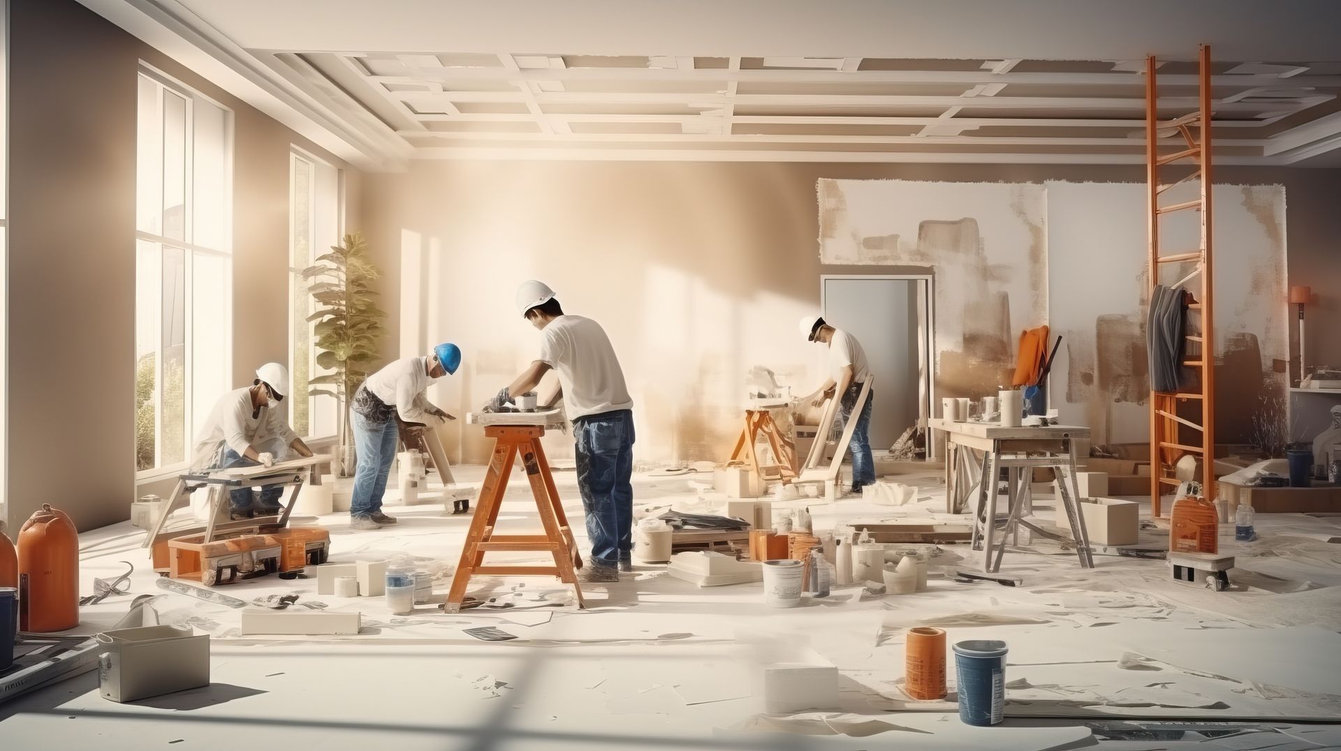 Construction workers inside a room, cutting and working with materials; bright sunlight streams through windows.
