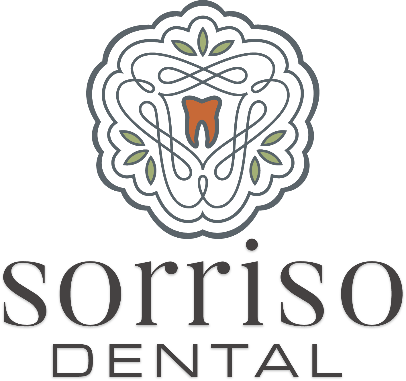 The logo for sorriso dental has a tooth in the center of it.