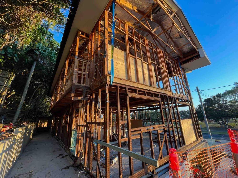 Two-Story Building, Stripped to Its Wooden Frame, Under Construction — Lifestyle Demolition in Kingscliff, NSW