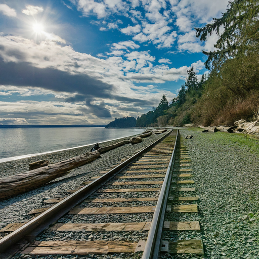 Train tracks leading to a body of water on a cloudy day