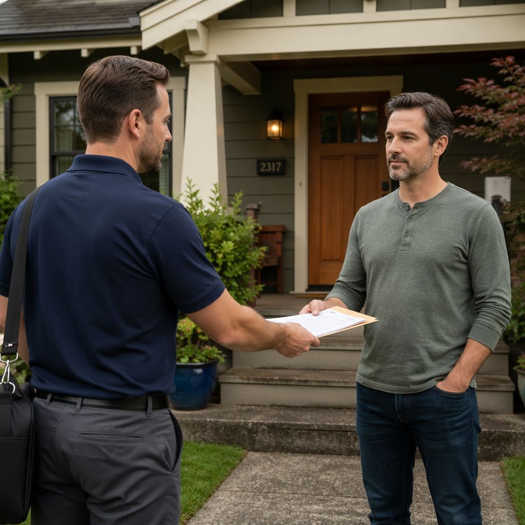 Independent process server delivering Extreme Risk Protection Order (ERPO) response documents at a home in King County, WA.