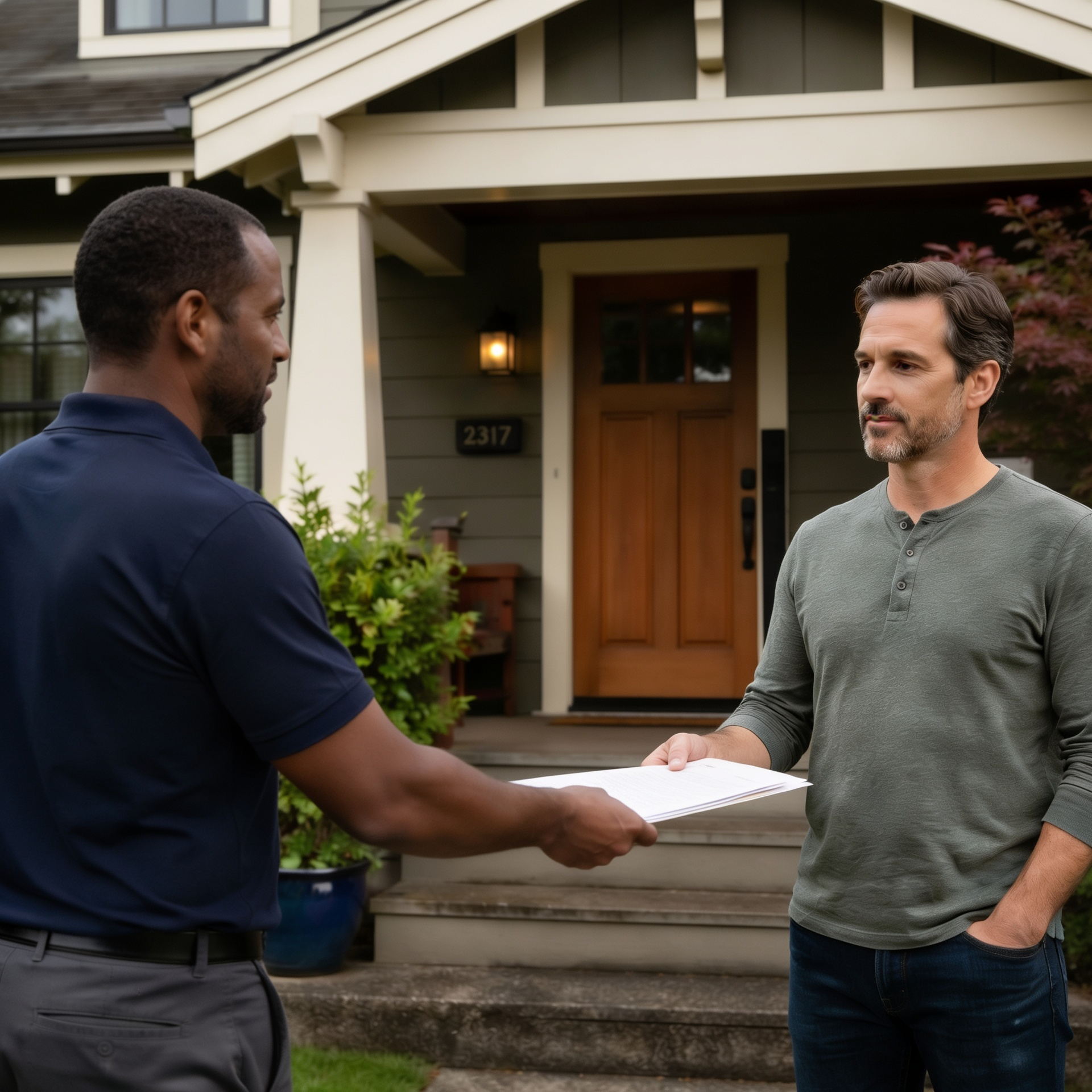 Independent process server delivering Extreme Risk Protection Order (ERPO) response documents at a home in King County, WA.