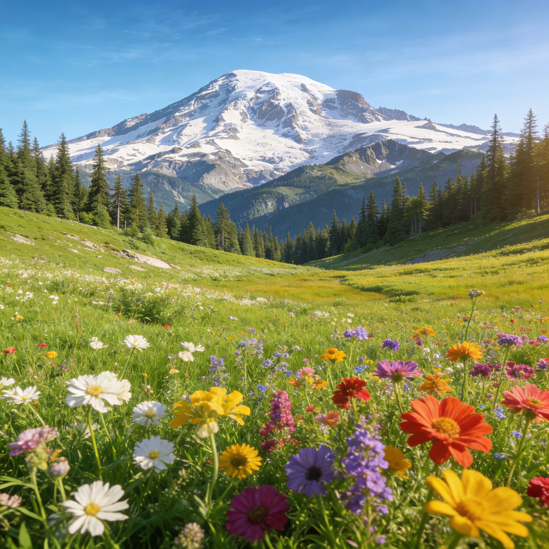 Snow-capped mountain rising above a colorful wildflower meadow in Lynnwood, WA