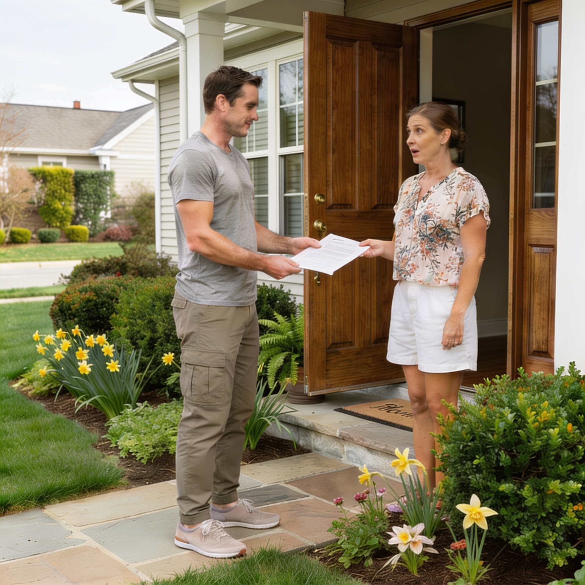 A man in a gray shirt is giving a small claims case notice to a surprised woman at her front door in her Seattle house with a beautiful garden full of flowers